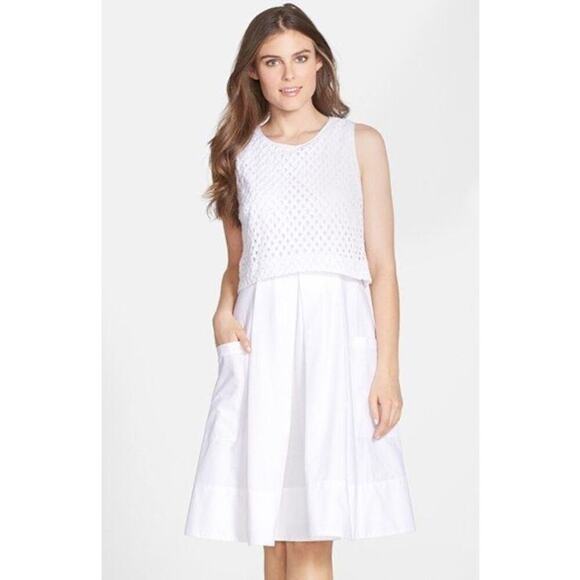 Eliza J Eyelet Detail Fit and Flare Knee Length Dress White Pockets Size 12 - Picture 1 of 8